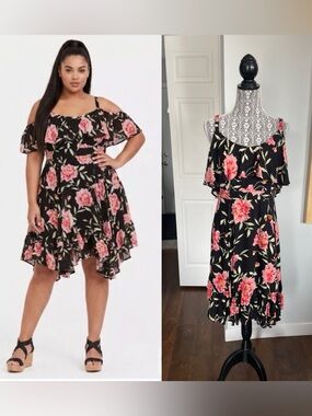 NWT 1X Plus Size Torrid Cold Shoulder Midi Dress. Smocked Back.